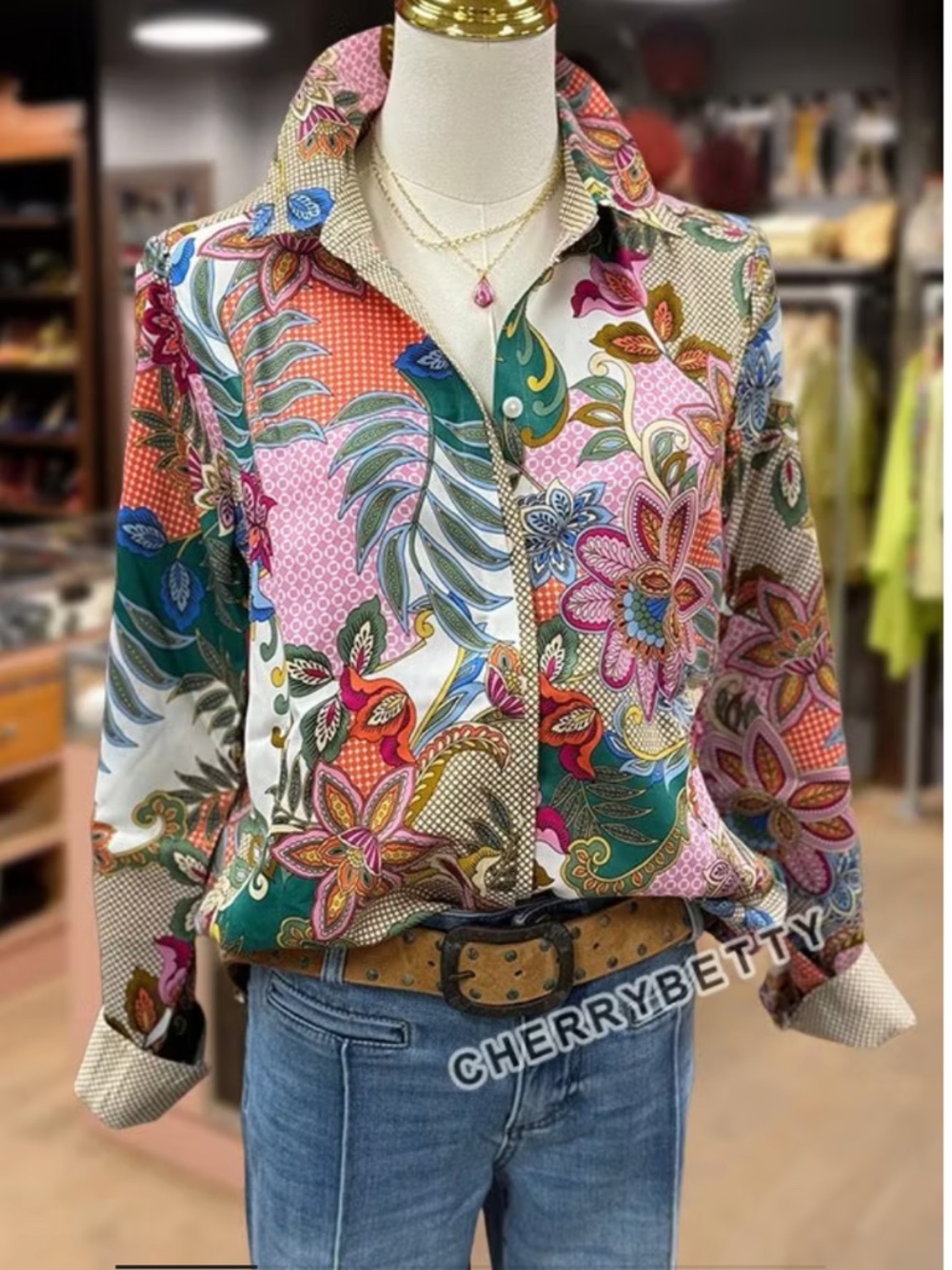Cherry Betty Multi Floral Print Collared Long Sleeve Blouse NWT